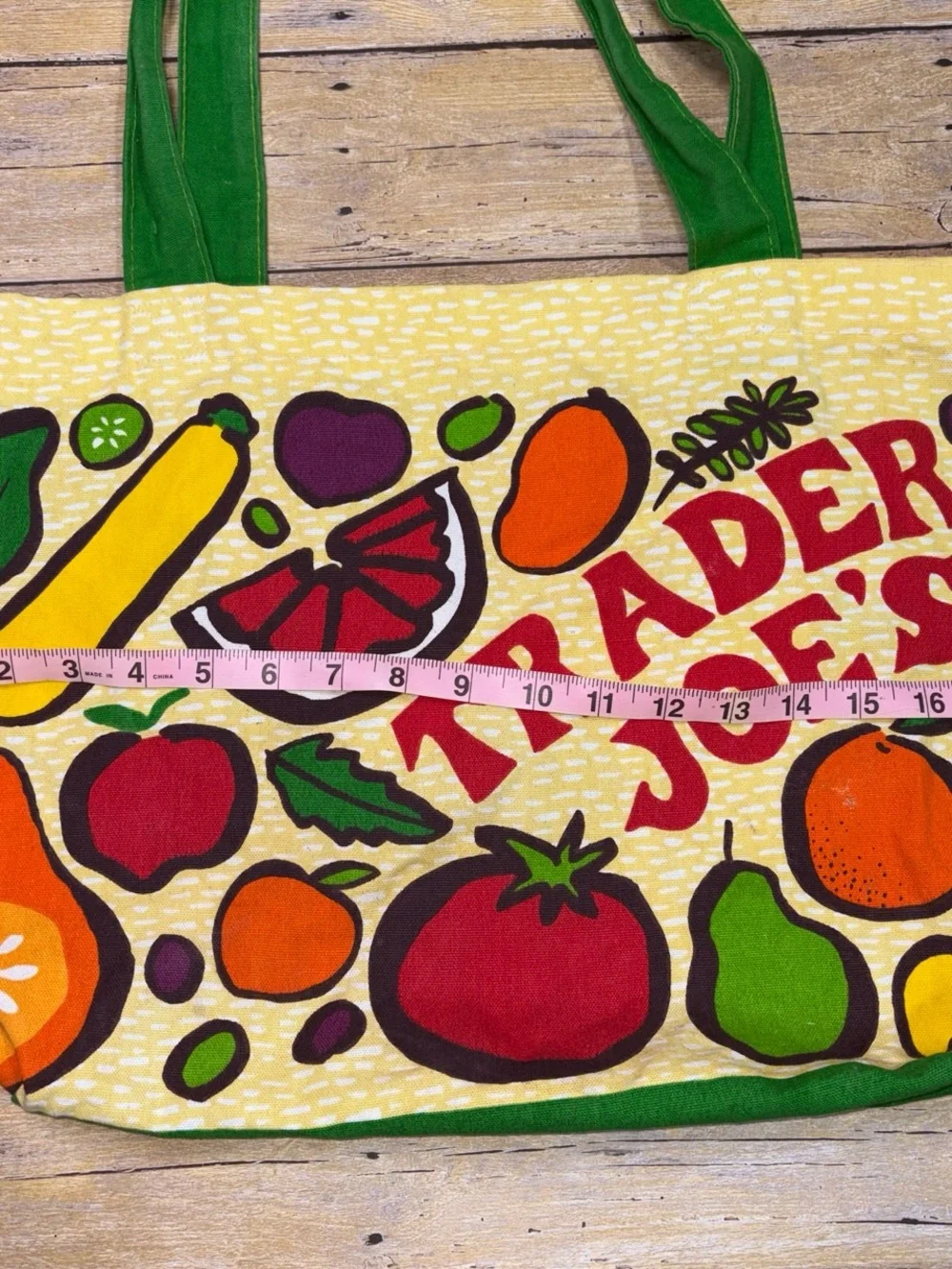 Vintage style Trader Joe's Reusable Tote Bag - Yellow & Green Fruit & Veg Print